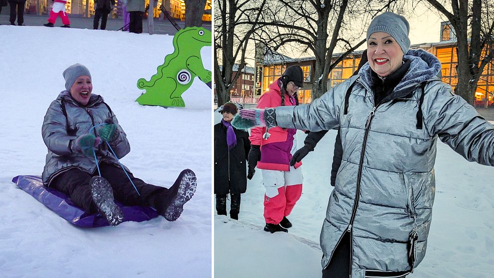 Hannele Sjö och de andra kvinnorna i Strängnäs tantparkourgrupp balanserar på en sandlådekant i en lekpark intill Multeum