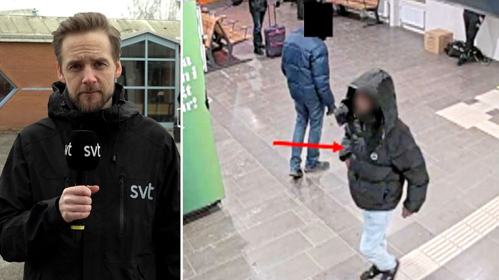 en reporter och bild inne från tågastation, från polisens förundersökningsprotokoll. en man går.