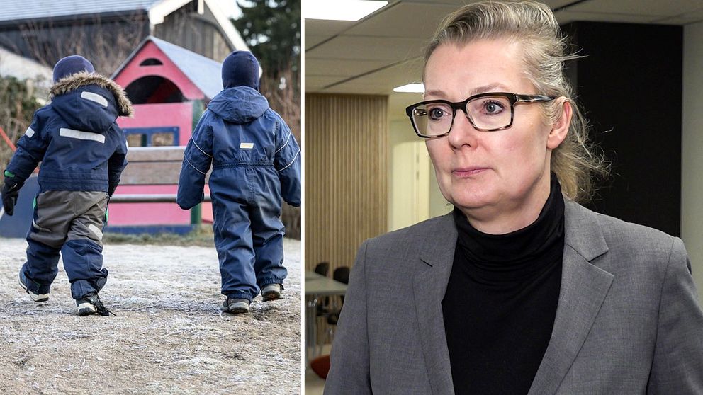 till vänster två små barn på en förskola, till höger förvaltningschefen Lina Axelsson Kihlblom