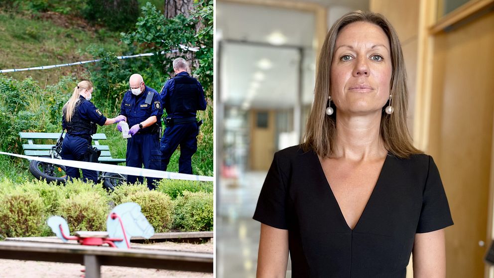 Bildmontage med poliser som undersöker en avspärrad brottsplats i Linköping och porträtt på kvinna i svarta kläder inne på Linköpings tingsrätt..