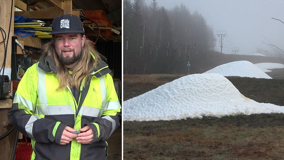t.v driftansvarig Markus Olofsson framför kameran. t.h högar med konstsnö