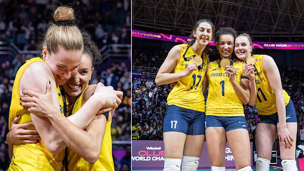 Två sektioner visar volleybollspelare i glädje. Till vänster omfamnar två spelare varandra efter en framgångsrik match. Till höger poserar tre spelare stolt med medaljer efter att ha vunnit en turnering.