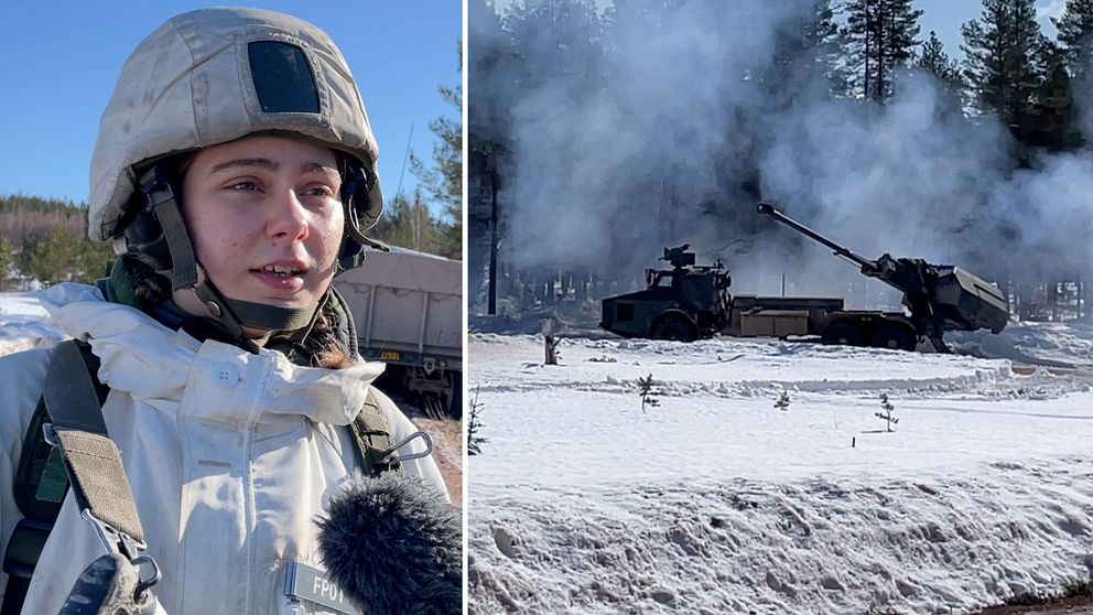 Delad bild – till vänster en bild på en kvinna, en värnpliktig, iklädd vit dress och hjälm. Till höger en bild på ett stridsfordon som just avfyrat en granat.