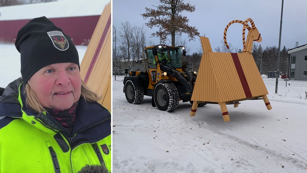 En kvinna i mössa står utomhus till vänster. Till höger fraktas en julbock.