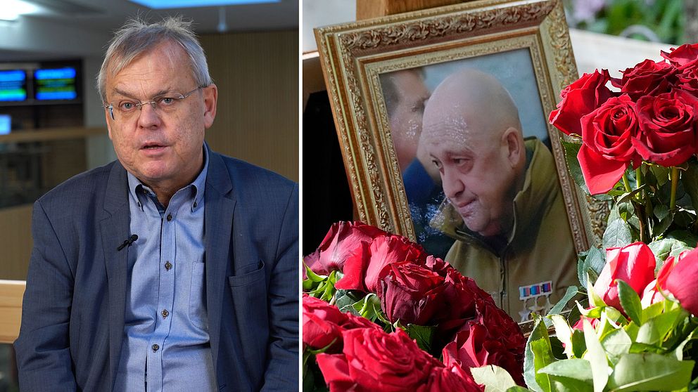 Till vänster: Bert Sundström på redaktionen. Till höger: Rosor vid en inramad bild på Prigozjin