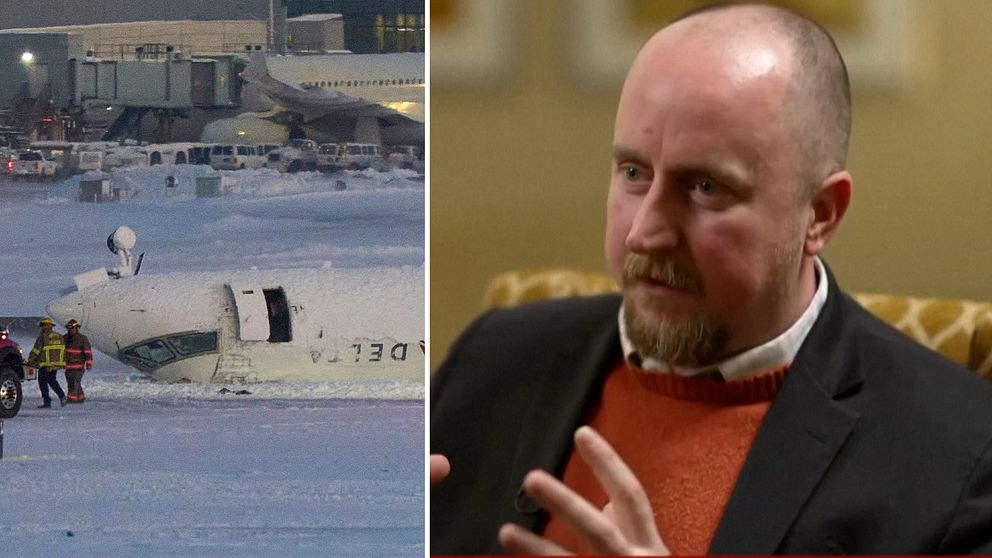 Tvådelad bild. Vänster: Flygplan i snö vid flygplats.