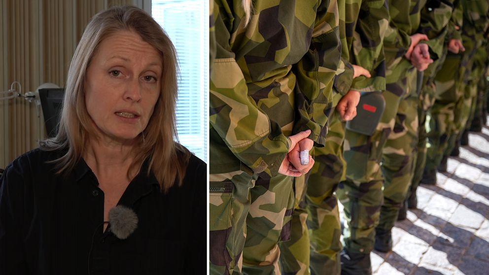 Delad bild: Till vänster syns en person klädd i mörka kläder med en mikrofon fäst på bröstet, medan höger sida visar en rad personer i svensk militäruniform med händerna knäppta.