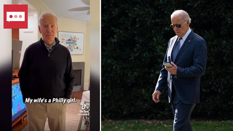 Joe Biden på Tiktok till vänster. Till höger en bild på Biden som håller i en mobiltelefon,