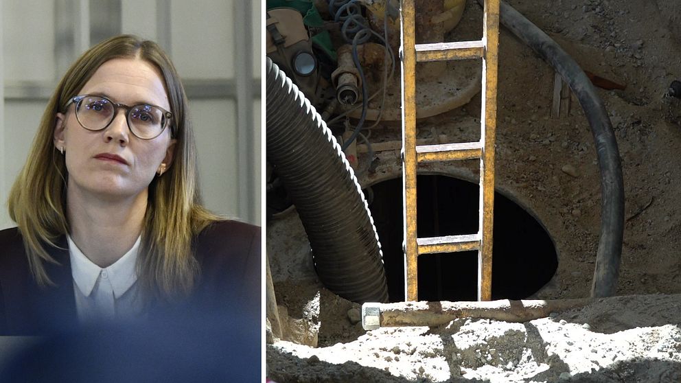 Delad bild. Till vänster: Arkivbild på åklagare Frida Molander under en presskonferens. Till höger: stege leder ner i en brunn med slangar, från platsen där en man i 50-årsåldern avled efter en explosion.