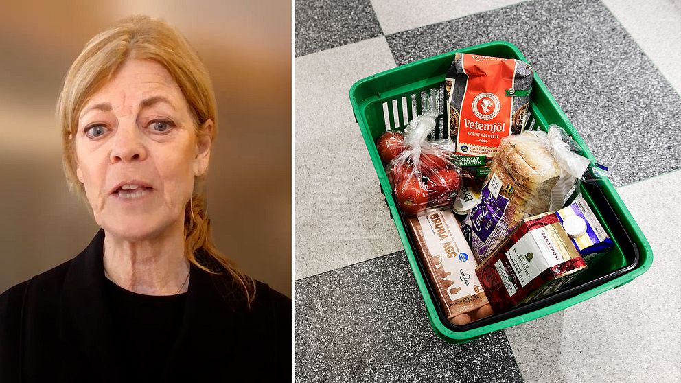 Delad bild. Till vänster: person med suddat ansikte. Till höger: shoppingkorg med matvaror.