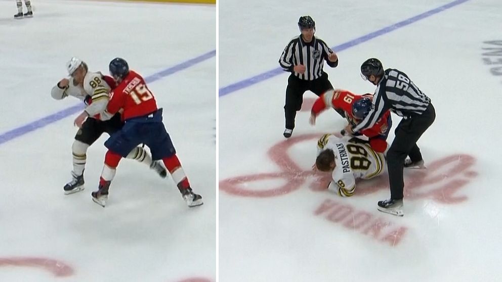 Vilt slagsmlå mellan David Pastrnak och Matthew Tkachuk i NHL-slutspelet