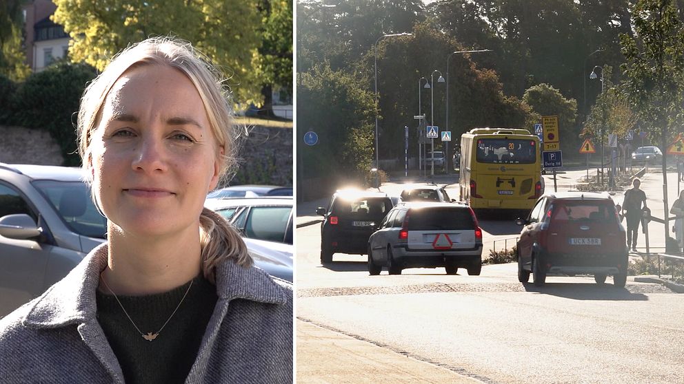 Petra Ahlman syns till vänster i bilden. Till höger syns bilar och en buss på en gata.