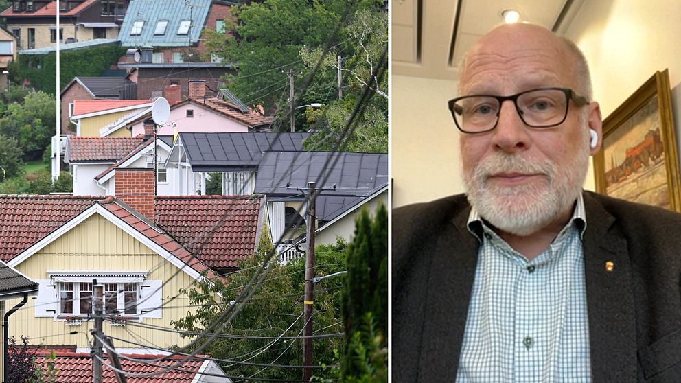 En delad bild som visar två sektioner. Den vänstra sektionen visar en vy av bostäder med varierande takfärger och en grönskande omgivning, medan den högra sektionen föreställer en person som sitter inomhus, delvis synlig med en ljus skjorta och en mörk blazer.