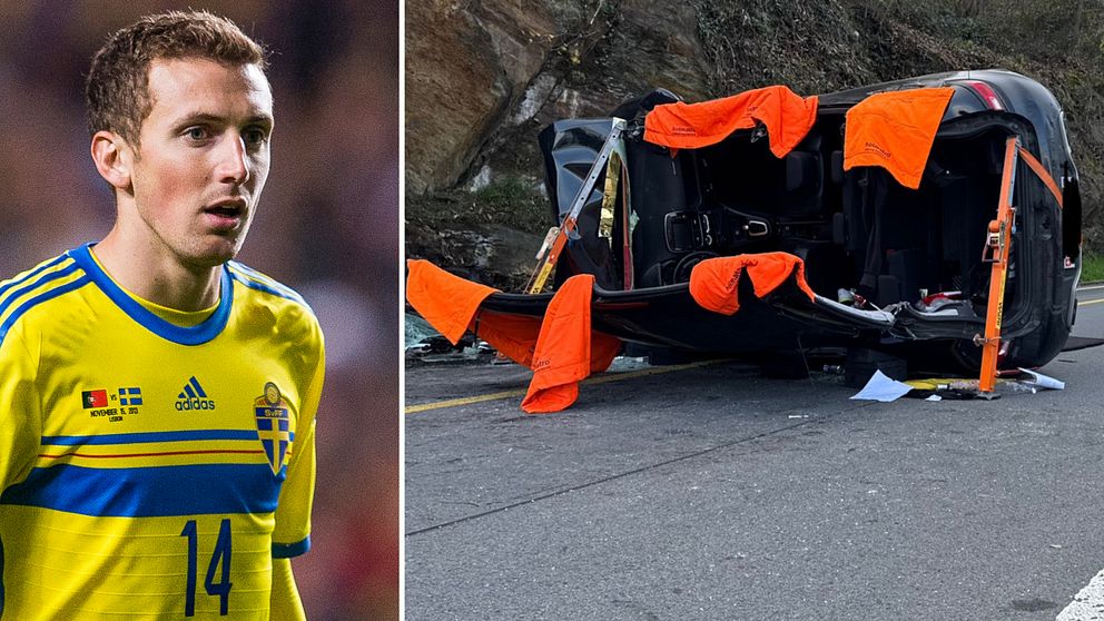Bild som består av två sektioner. Till vänster ses en person iförd en gul tröja med blå detaljer, som representerar det svenska fotbollslandslaget. Till höger syns en olycksdrabbad bil som ligger på taket på en väg, omgiven av orangea varningstecken och papper spridda runt.