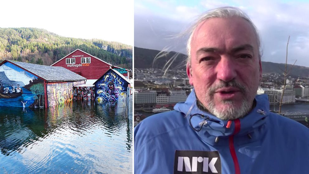 Husbyggnader som står i vatten som stigit och en närbild på en NRK-reporter.