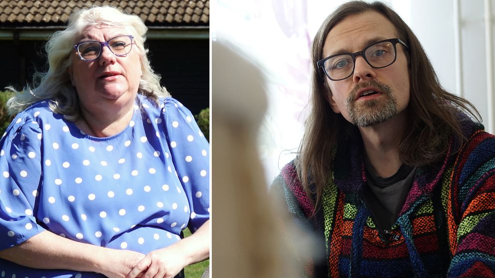 Kursdeltagare på Jämshögs folkhögskolas pedagoskit äventyr. Tvådelad bild. Till vänster en bild på Maria Nilsson med blont hår och blå och vit prickig tröja. Hon sitter ner. Till höger Mikael Ahlgren i långt brunt hår, skägg och flerfärgad tröja.
