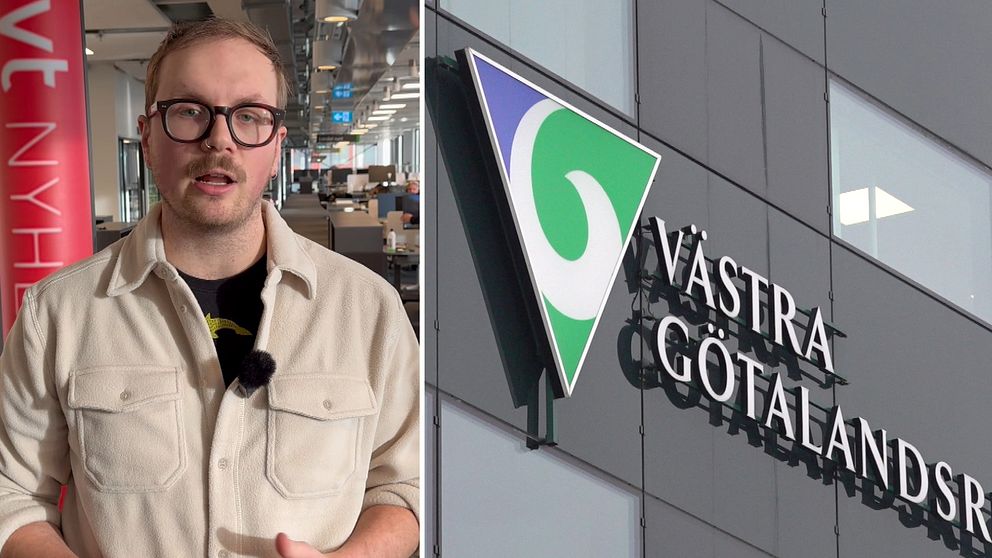 En delad bild med två sektioner: till vänster en person i en beige skjorta med en mikrofon fäst vid bröstet står i en kontorsmiljö; till höger en vägg med Västra Götalandsregionens logotyp och text.