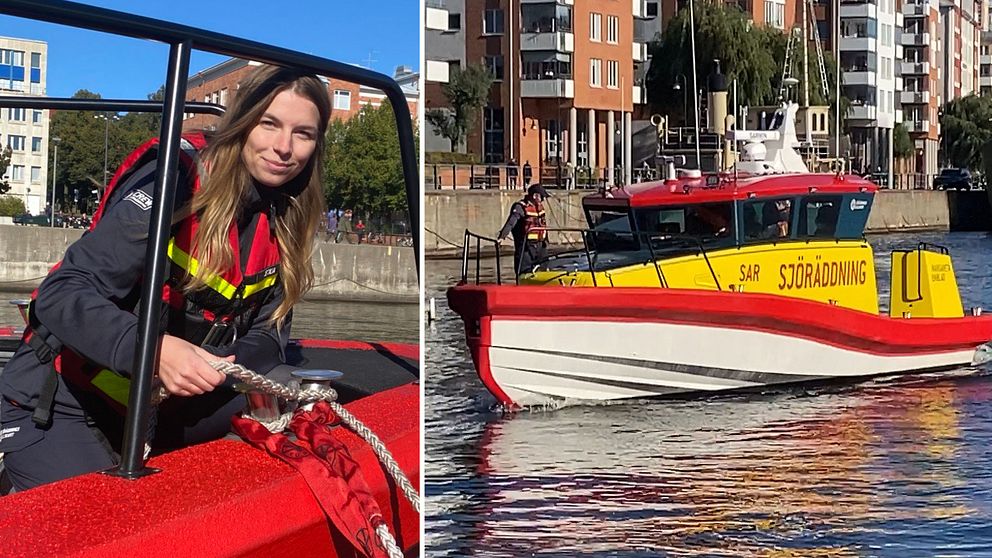 En delad bild som visar en person i en räddningsbåt som arbetar med utrustning och en annan bild av en röd och vit räddningsbåt som är på väg genom vattnet, med fler byggnader i bakgrunden. Båten har texten ”SJÖRÄDDNING” synlig på sidan.