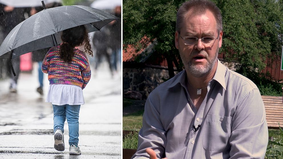 SVT:s meteorolog Per Stenborg och ett foto med ett barn som håller i ett paraply.