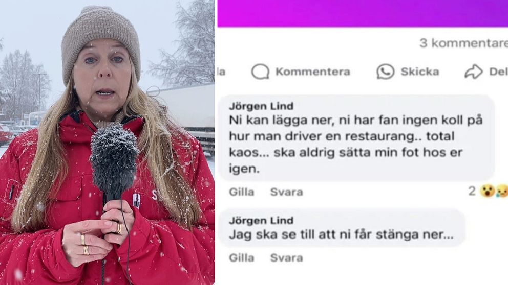 En delad bild med två sektioner. Till vänster en kvinna i röd jacka och mössa som håller en mikrofon utomhus i ett snöigt landskap. Till höger är ett skärmdump av en diskussion på sociala medier med kommentarer av Jörgen Lind som kritiserar en restaurang och uttrycker missnöje över dess hantering.