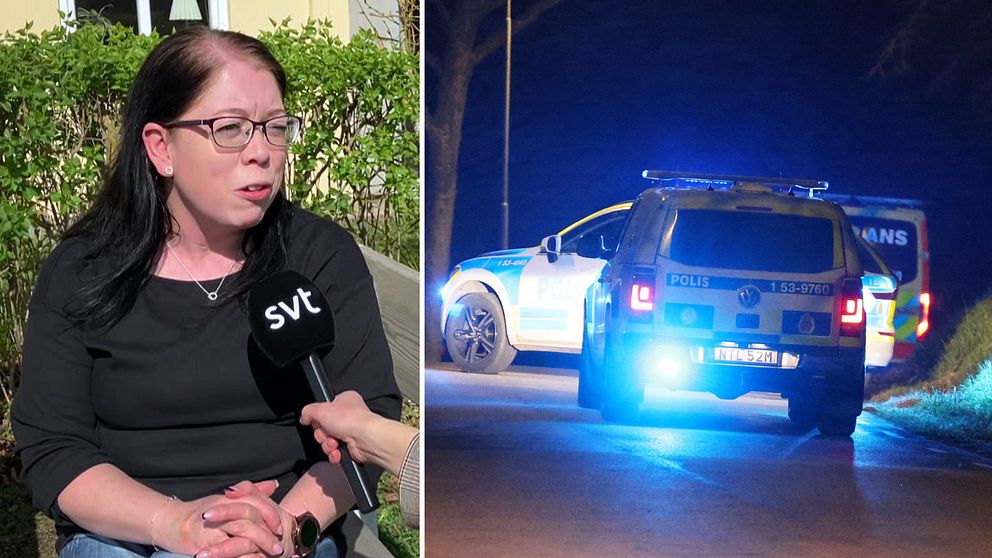 Tvådelad bild. Vänster: Kvinna intervjuas utomhus. Höger: polisbil med blåljus på kvällen.