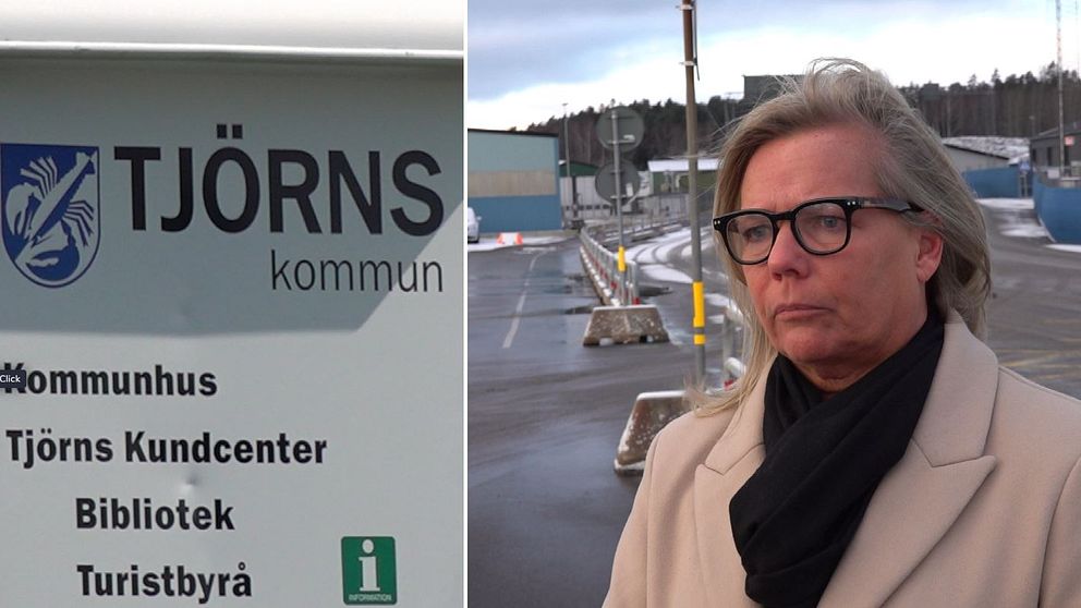 Kvinna och skylt på Tjörn