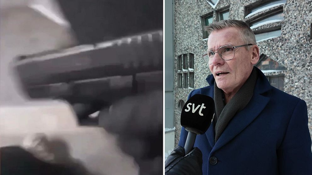 Till vänster visas en närbild av en pistol riktad mot ett okänt objekt, medan höger sektion visar kriminalkommissarie Jan Staaf som intervjuas utanför polishuset i Norrköping.