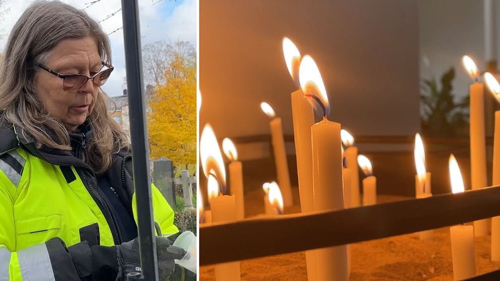 Kyrkogårdsarbetare i reflexjacka och tända ljus under allhelgona i Norrköping