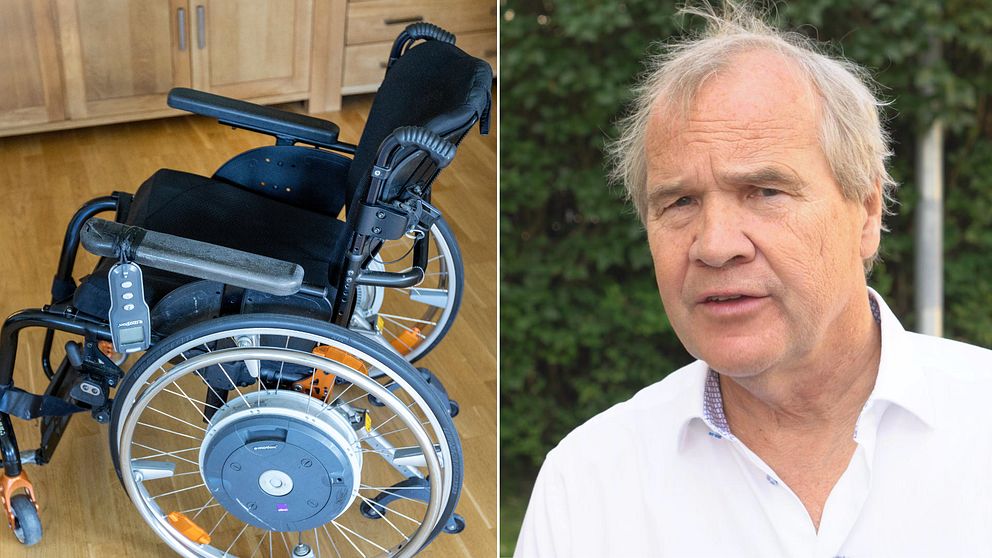 En rullstol och en man som tittar in i kameran