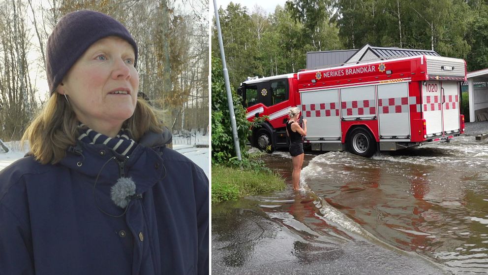 Brandbil kör på översvämmad gata i Rynninge i Örebro