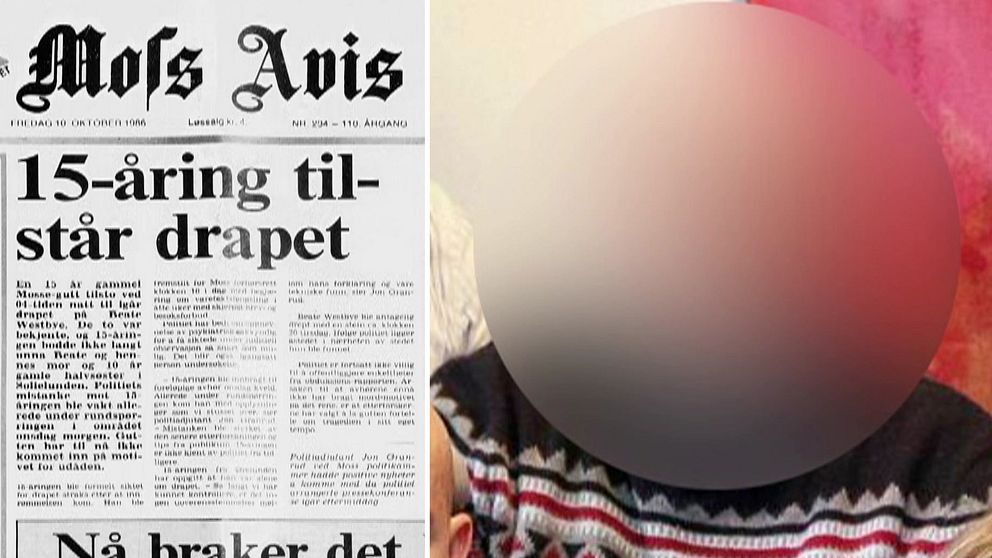 En delad bild som visar två sektioner. Den vänstra sektionen innehåller en tidningssida med rubriken ”15-åring tilstårr drapet”, och detaljer som handlar om en brottsutredning. Den högra sektionen visar en person med blurrat ansikte, som bär en randig tröja och sitter i en inomhusmiljö.