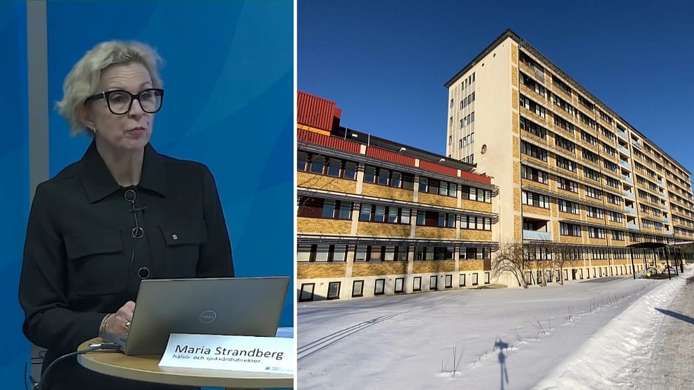 En delad bild med två sektioner. Den vänstra sektionen visar en person vid ett podium med en dator där namnskylten indikerar ”Maria Strandberg”. Den högra sektionen visar en utomhusbild av ett stort, flervåningshus beläget i ett vinterlandskap.