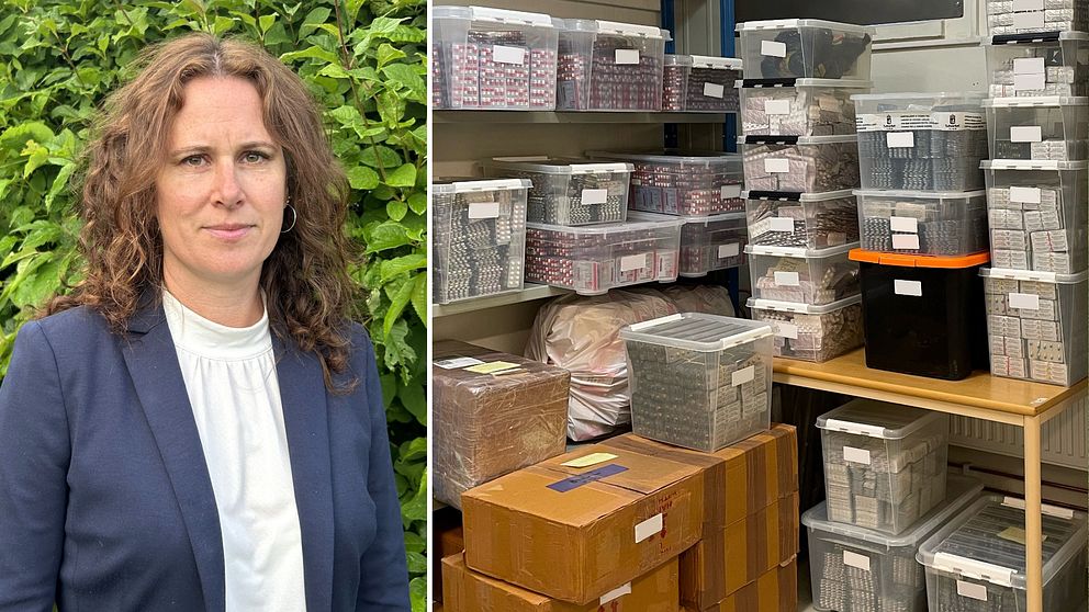 Bild på Miriam Monsell som är gruppchef på Tullverket och en bild på beslagtagna narkotikaklassade tabletter