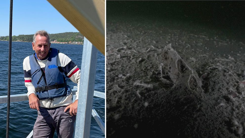 Lars-Olof Axelsson står på pumpflotten intill bild av den döda havsbotten