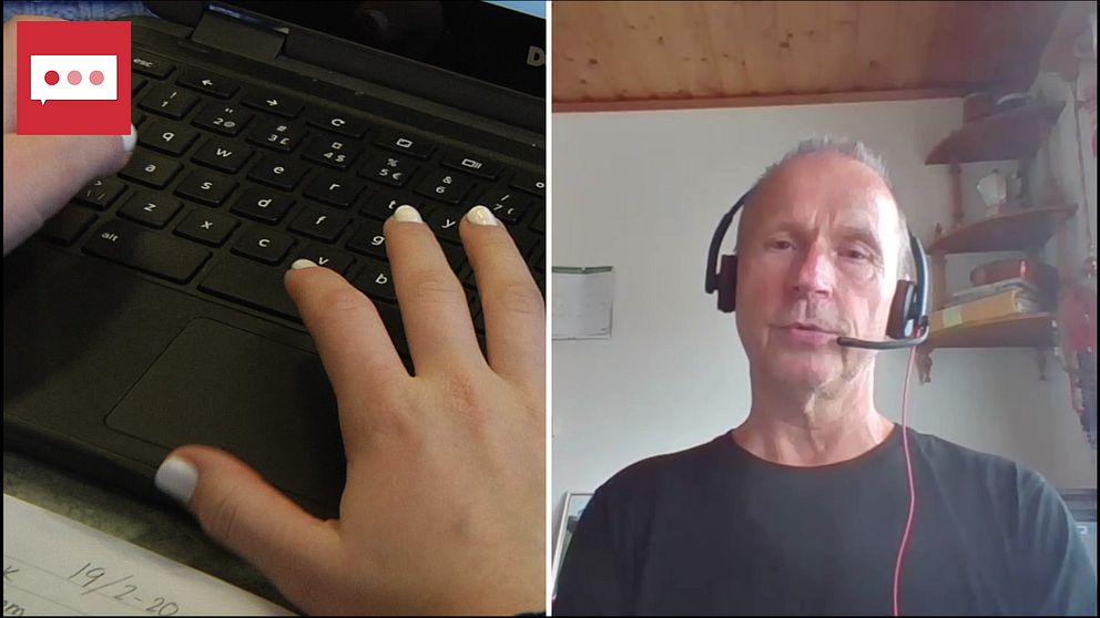 Händer som skriver på dator till vänster, Henrik Bjerneld till höger