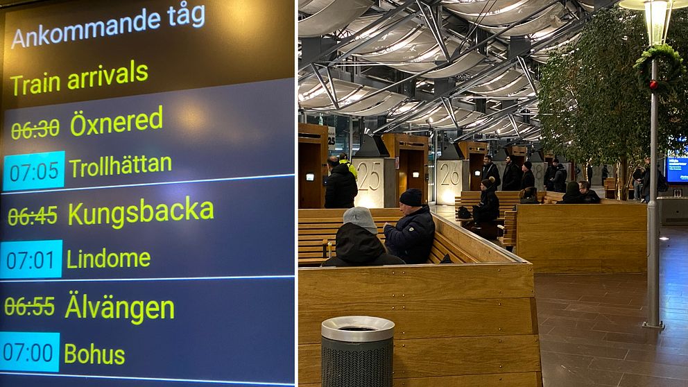 Bussresenärer väntar vid bänkar inne på Nils Ericson terminalen i Göteborg med flera försenade avgångar och indragna linjer till följd av ovädret