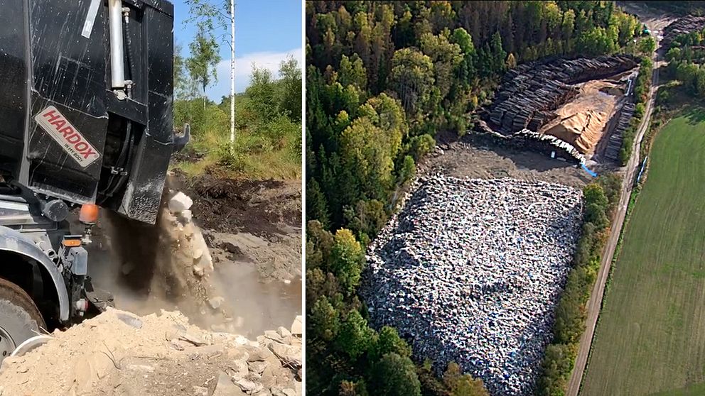 Bilder från polisens förundersökningsprotokoll visar hur en lastbil tömmer sopor i en grävd grop i skogen.