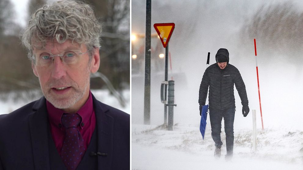 SVT:s meteorolog Pererik Åberg / En person kämpar mot hård vind i snön