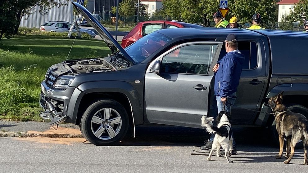 Krock mellan en civilpolis och en personbil i Härnösand, på bilden ser man polis med två hundar utanför bilen.