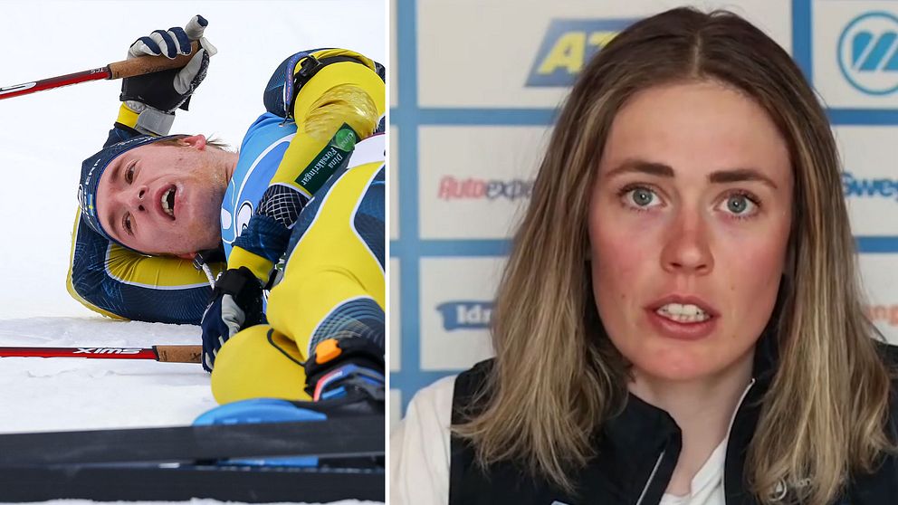 En delad bild med två sektioner: till vänster ligger en skidåkare i gul och blå tävlingsdräkt på marken med skidor och stavar, medan den högra sektionen visar en person med långt hår framför en bakgrund av logotyper.