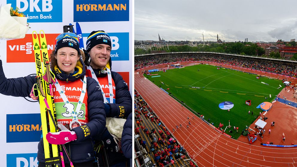 Hanna Öberg och Sebastian Samuelsson och en bild på Stockholm Stadion