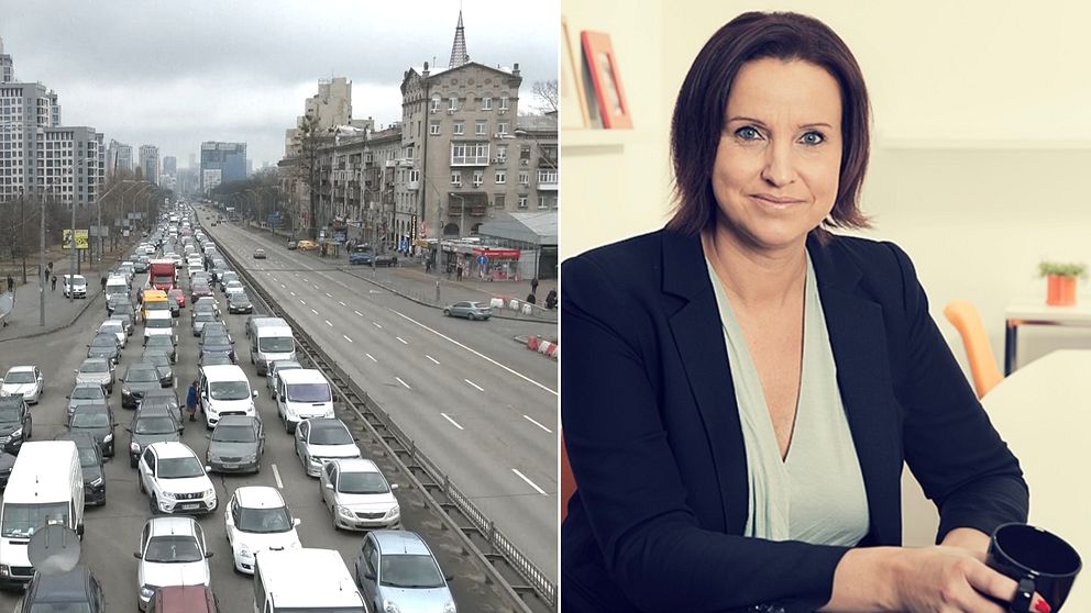 Tvådelad bild. Vänster: Tätt trafik på motorväg. Höger: Person i kontorsmiljö med kaffekopp.
