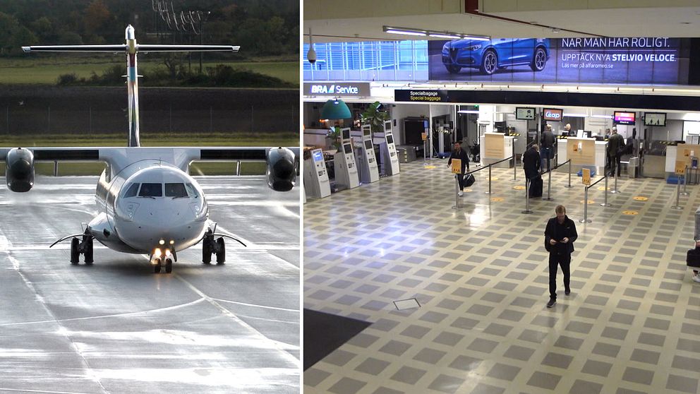 Delad bild. Till vänster: flygplan på landningsbana. Till höger: nästan tom avgångshall.