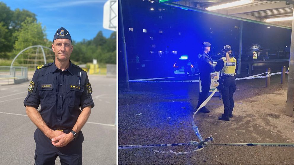Bildmontage på man i polisuniform som står i en aktivitetspark en solig sommardag och bild från en avspärrad brottsplats nattetid där två poliser pratar med varandra.