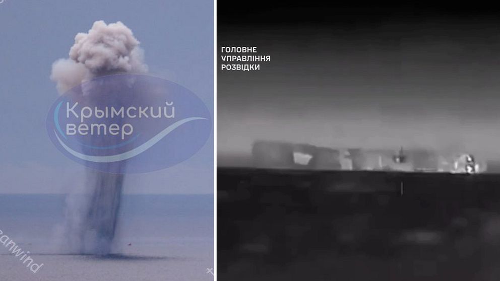 En explosion syns till vänster. Till höger ligger ett ryskt krigsfartyg med slagsida.