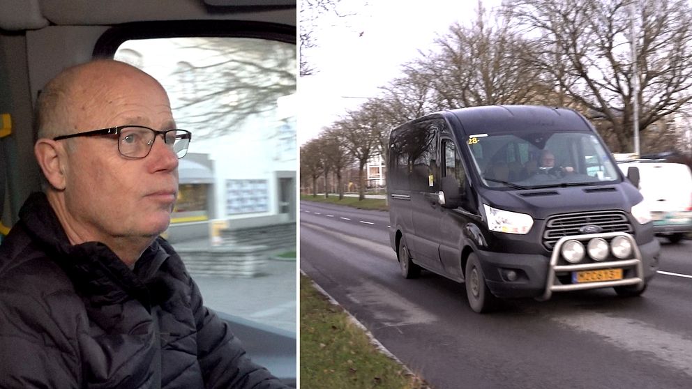 En delad bild som visar en förare i en lastbil till vänster och en svart skåpbil som kör på en väg till höger. Omgivningen består av träd längs vägkanterna.