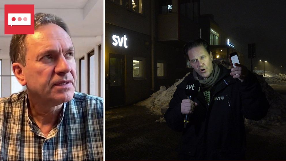 I bild till vänster: Ljusterapiforskaren Arne Lowden. I bild till höger: SVT:s reporter Lari Honkanen står i mörkret och lyser på sitt ansikte med mobiltelefonens ficklampsfunktion.