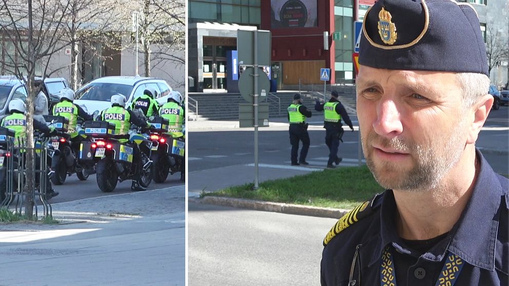 Flera poliser kör motorcykel vid Kulturens hus samt en bild på Kenneth Bergquist, kommenderingschef vid polisen.