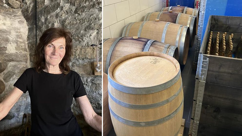 t.v kvinna som producerar eget vin. t,v vintunnor och vinflaskor