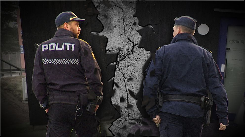 En norsk och en svensk polis tittar på varandra. En grafisk spricka mellan dem.